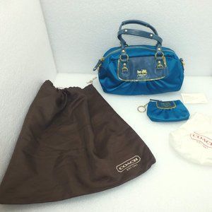 Beautiful blue Coach Amanda satin satchel  bag coin keychain coin purse